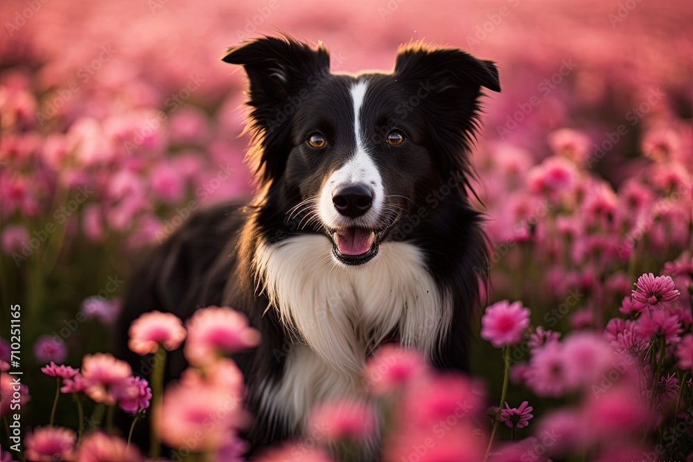 Cute picture of a joyful old border collie in flowers