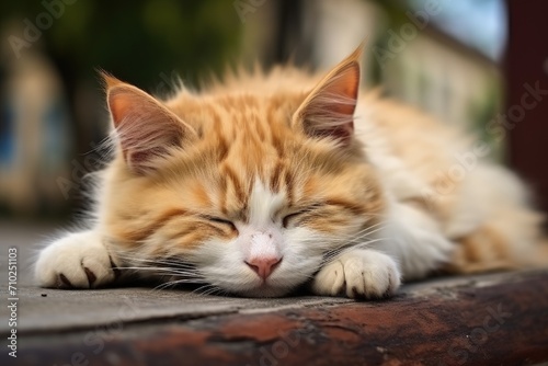 Cute brown and white street cat sleeping tiredly on a table with a selective focus © LimeSky