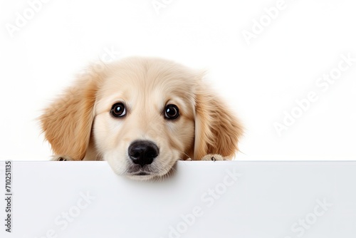 Cute golden retriever dog peeking out from a corner isolated on white Animal pets friendship concept Suitable for ads or designs