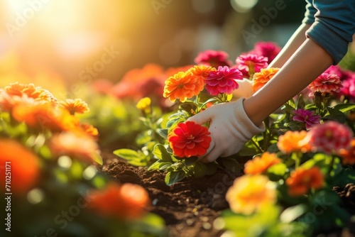 Closeup of woman's hands planting flower into the ground in her home garden. A gardener transplant the plant on a bright sunny day. Horticulture and gardening concept photo