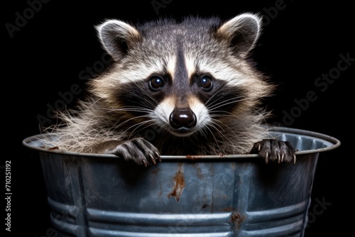 Cute raccoon in a metal trash can peering at the camera set against white backdrop
