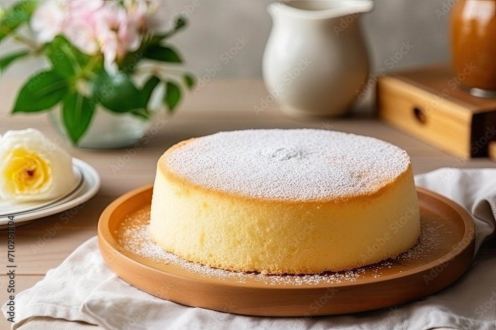 Delicious homemade round sponge or chiffon cake on a white plate made with eggs flour and milk Delicious homemade round sponge or chiffon cake on a white plate made with eggs flour and milk