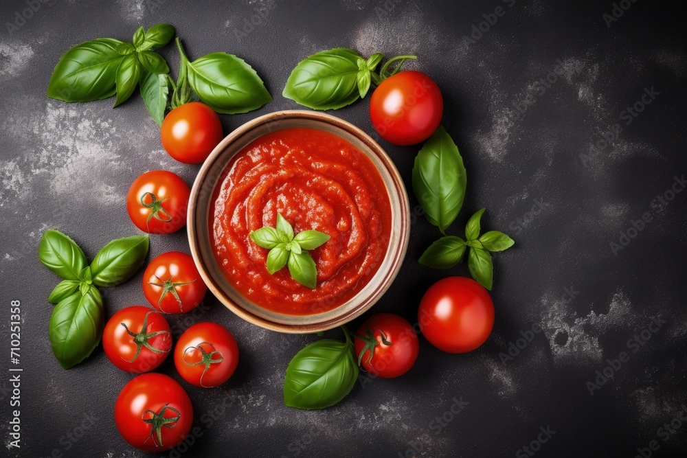 Delicious tomato sauce made with fresh ripe tomatoes and basil showcased on a stone or slate background Delicious tomato sauce made with fresh ripe tomatoes and basil showcased on a stone or slate background