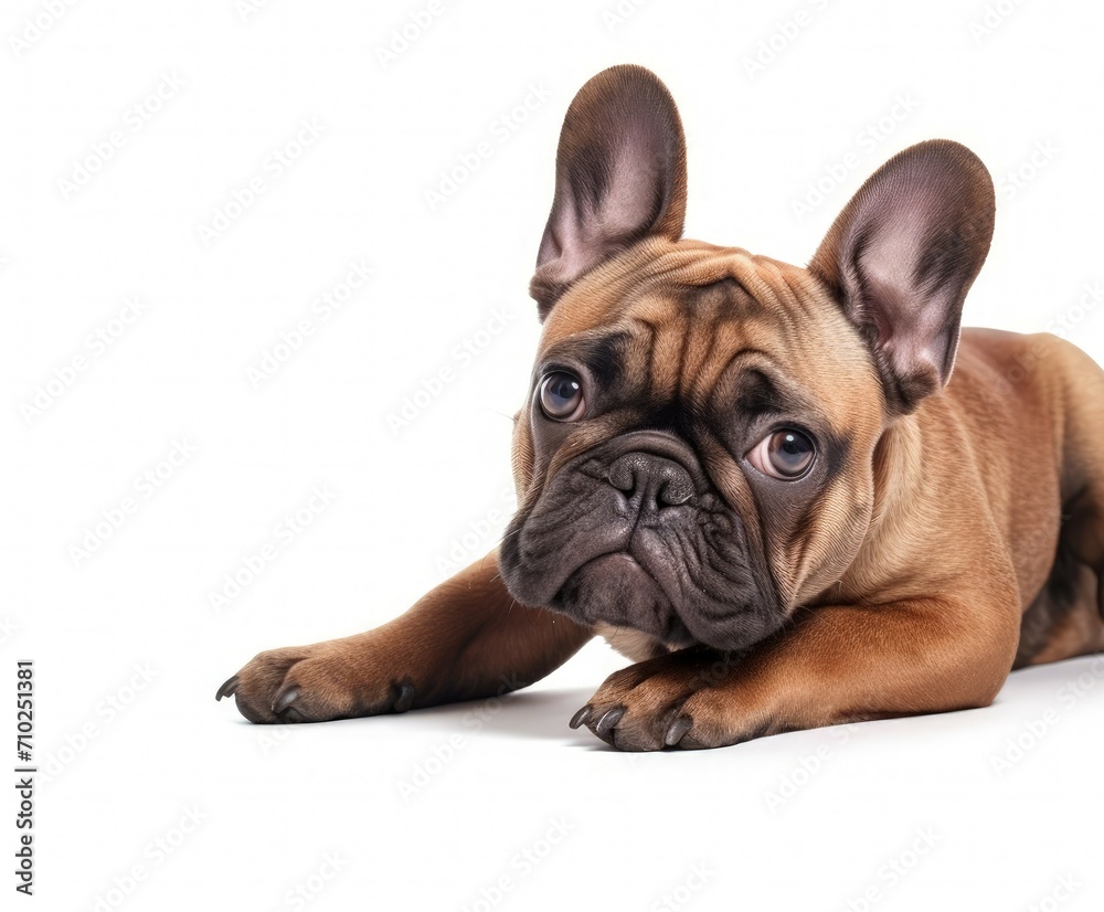 Delighted French bulldog lying on floor isolated over white background Perfect for flyers on pets care and love Copy space for ad