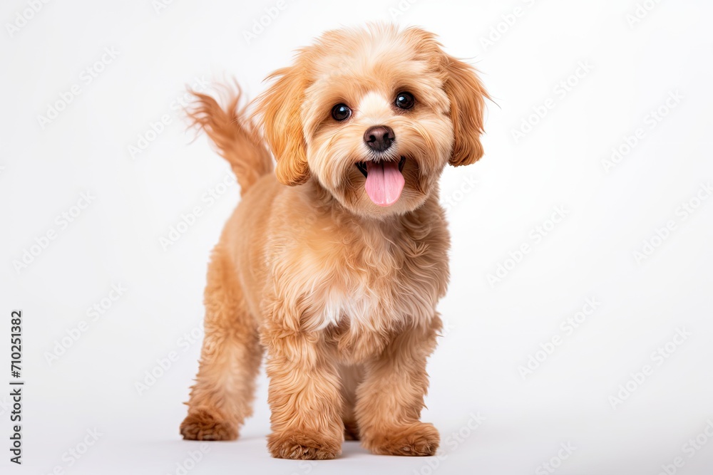 Delighted looking cute small dog with golden fur poses alone on white background Symbolizes motion beauty vet care and pets Ample space for ads design and text