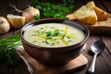 Delicious potato soup with leek on table