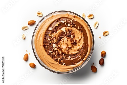 Delicious peanut butter and chocolate paste with crushed nuts on white table as seen from above