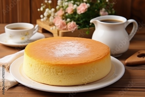 Delicious homemade sponge or chiffon cake with eggs flour and milk served on a white plate amidst a wooden table Homemade bakery concept as background