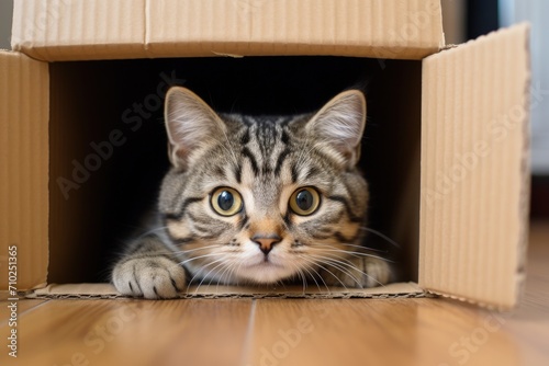 Adorable gray tabby cat in a home s cardboard box on the floor