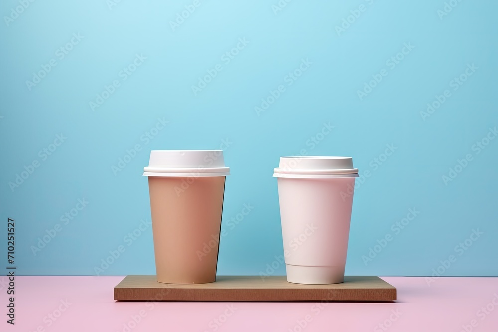 Disposable paper cup and paper bag displayed on wooden podium or pastel background Disposable paper cup and paper bag displayed on wooden podium or pastel background