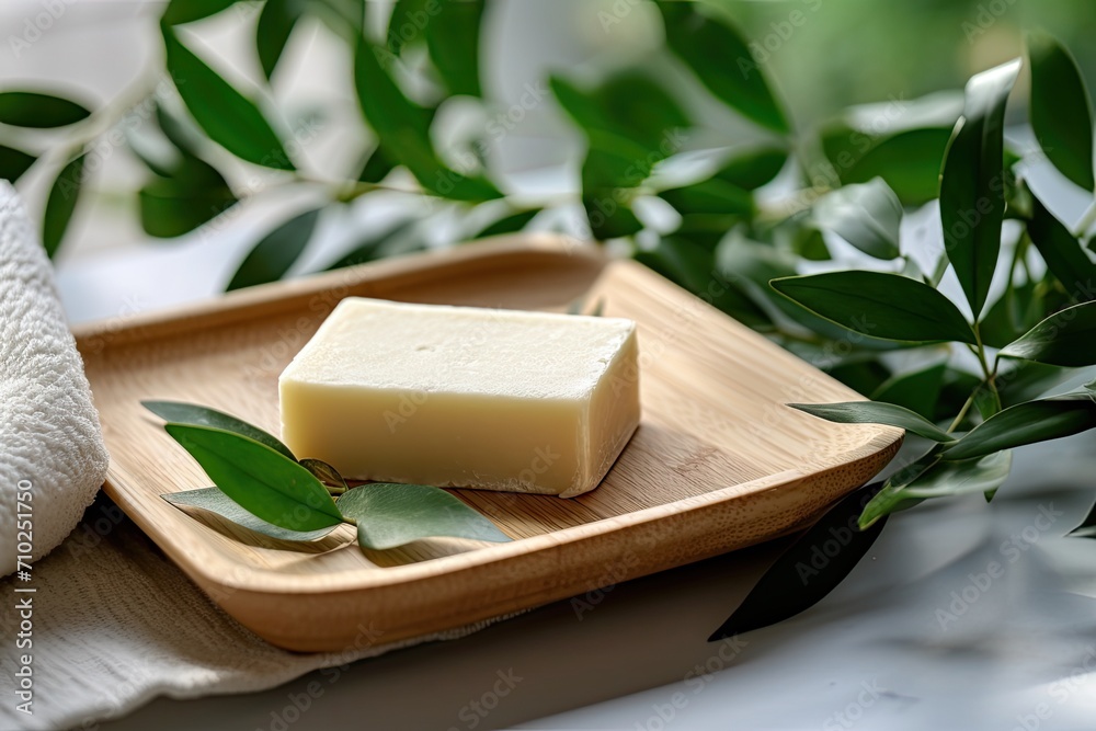 Eco friendly solid shampoo soap bar on wooden dish with green leaves and towel in background