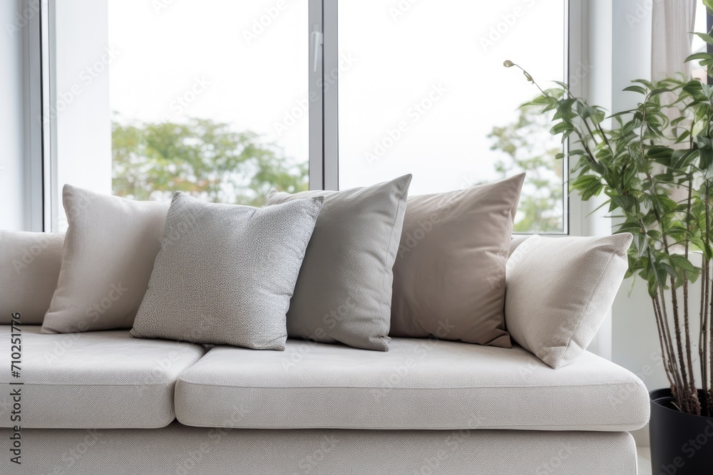 Fototapeta premium Elegant furniture design for home and hotel Grey couch cushions and sofa in modern living room and bedroom against a bright background