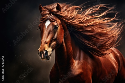 Elegant moving portrait of a red horse with flowing mane