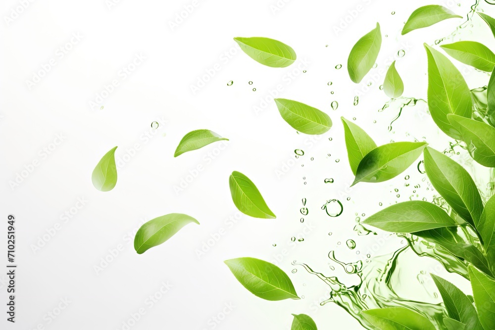 Falling fresh green tea leaves on a white surface - obrazy, fototapety, plakaty 