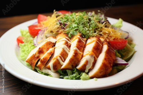 Explosive chicken served with salad and cheese