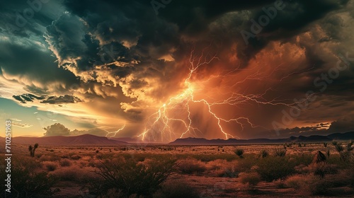 Dramatic view of heavy thunder storm coming over the desert Generative AI photo