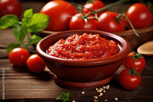 Fresh tomatoes and homemade healthy food on a wooden table with Turkish tomato paste in a bowl or spoon