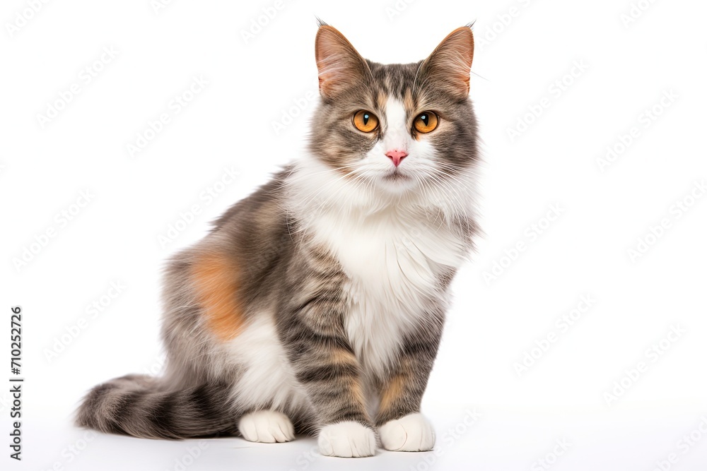 Front facing female cat isolated on white gray orange