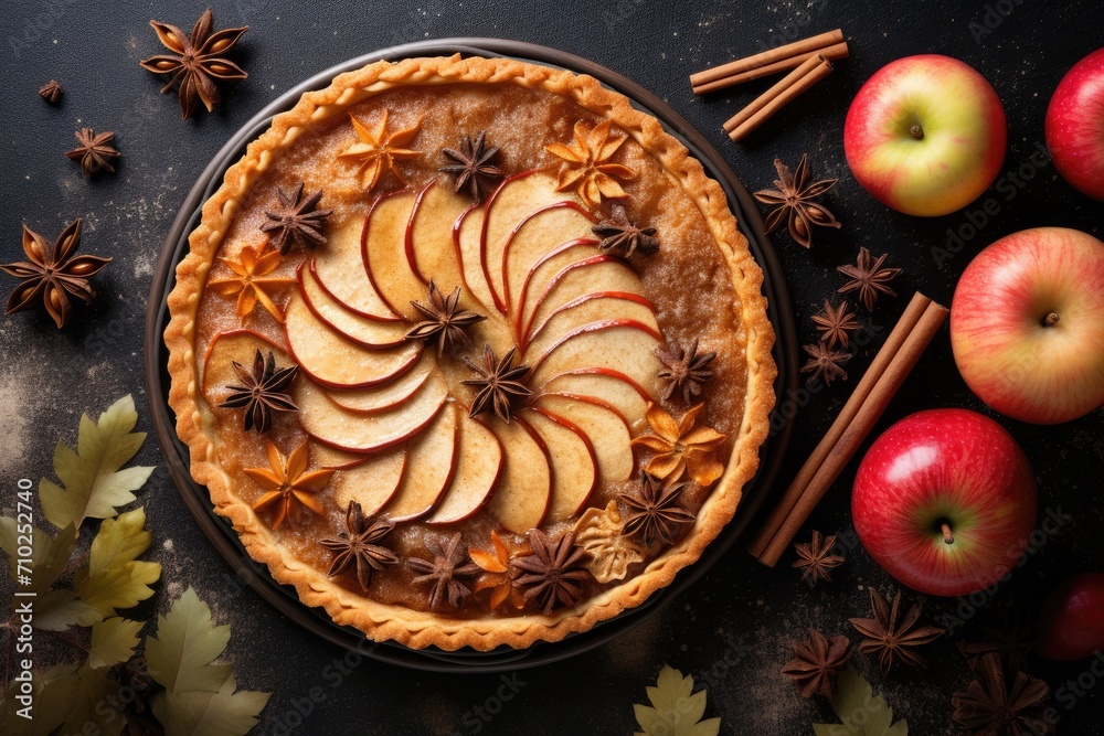 American Thanksgiving pie with whole and halved apples cinnamon sticks anise seeds a homemade fruit tart baked with golden crust close up copy space top view American Thanksgiving pie with whole and halved apples cinnamon sticks anise seeds a homemade fruit tart baked with golden crust close up copy space top view