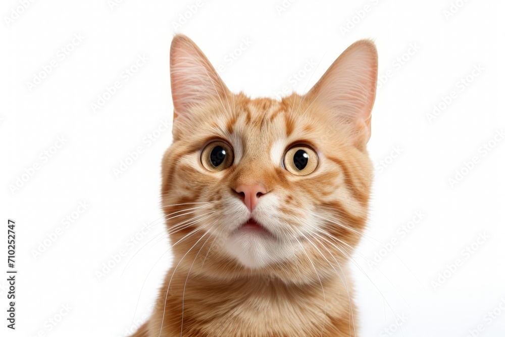 Front view portrait of a ginger cat looking directly into the camera on a white background
