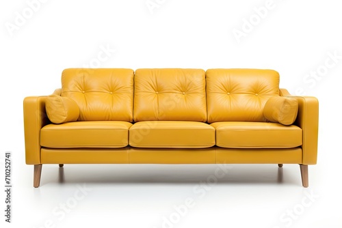Front view of a yellow leather sofa on a white background with three seats