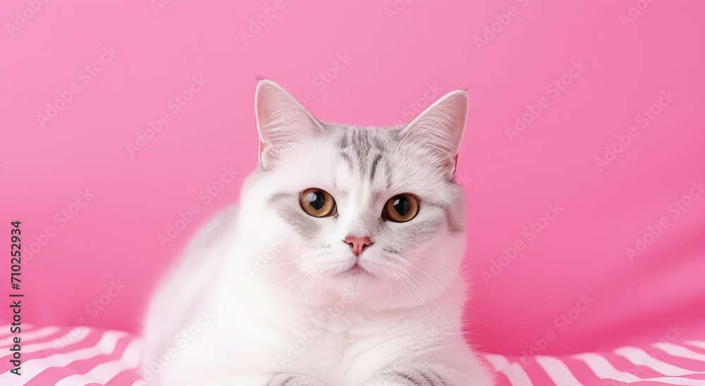 Amusing white feline with stripes on pink backdrop Amusing white feline with stripes on pink backdrop