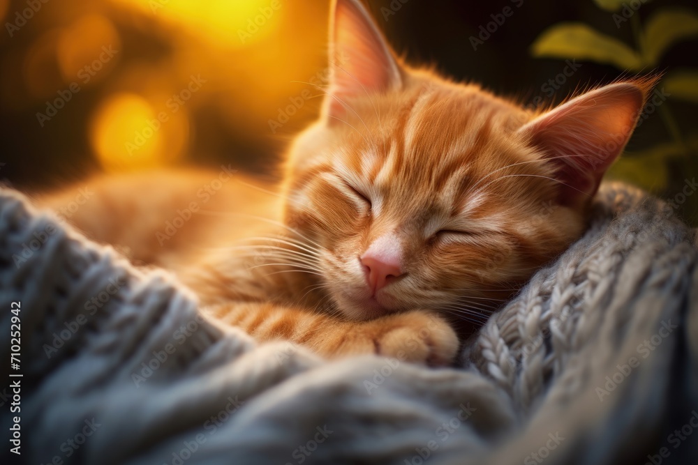 Ginger cat rests in cozy bed soft focus