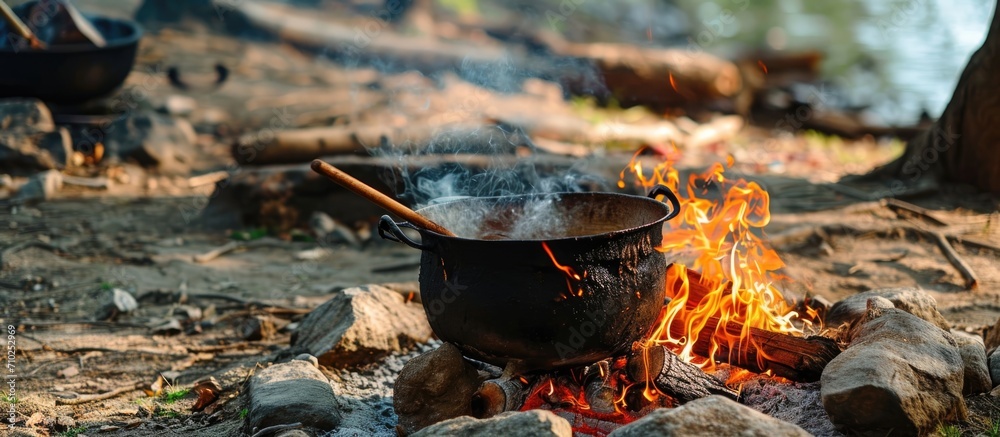 Outdoor cooking over an open fire, with a cauldron and bonfire, while hiking or during a picnic. Outdoor cooking over an open fire, with a cauldron and bonfire, while hiking or during a picnic.