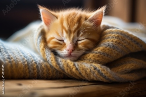 Ginger kitten sleeps on soft blanket wooden floor