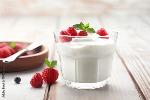 Glass with homemade yogurt or sour cream on white wooden table