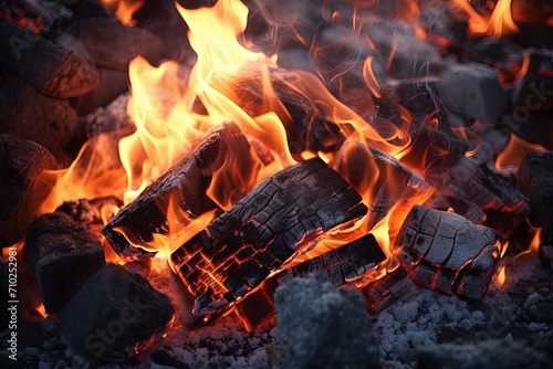 Glowing hot coals and smoldering fire s embers flickering in the dark