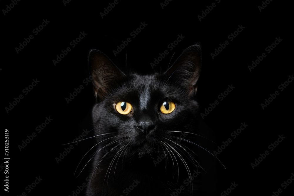 Graceful black purebred cat ready to eat isolated on white Depicting domestic animals pets love comfort Copy space for advertisements