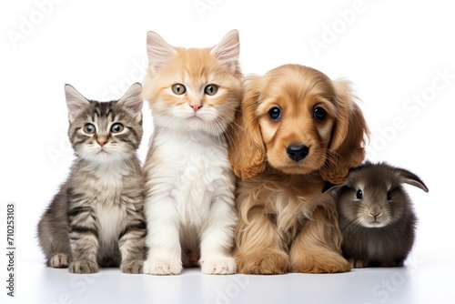 Gorgeous pets on a white backdrop cats dogs and a bunny