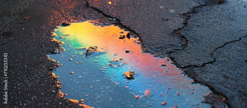 Colorful gasoline leak creating a rainbow on wet pavement.