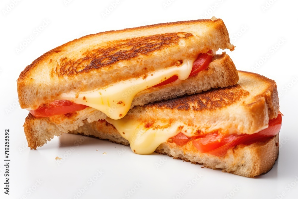 Grilled cheese sandwich with tomato on a white surface