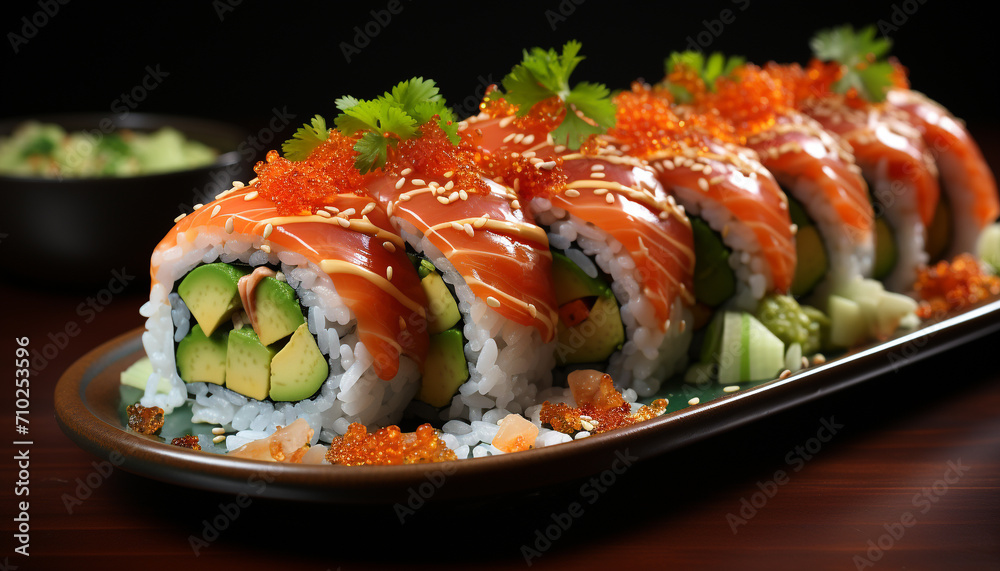 Freshness on a plate gourmet seafood meal, rolled up maki sushi generated by AI Freshness on a plate gourmet seafood meal, rolled up maki sushi generated by AI
