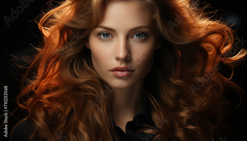 Beautiful woman with long curly hair, looking sensually at camera generated by AI