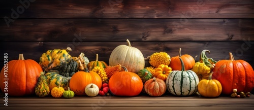 Assorted colorful pumpkins and gourds arranged in a row on a wooden surface against a dark background.