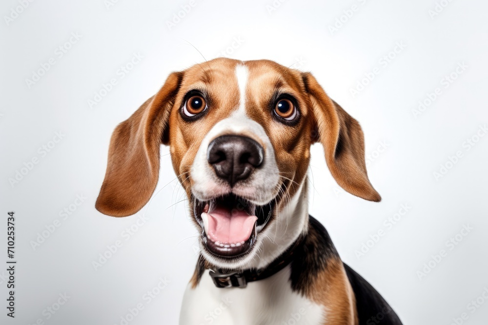 Happy Beagle dog posing isolated on white background Motion action love for pets and animal life concept Joyful expression Ad space available