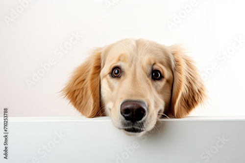 Happy golden retriever dog peeks out from a wall or corner isolated on a white background Symbolizing animals pets vet care and friendship Ample space f