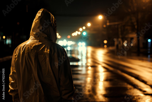 A man in a white cloak on a dark alley. Back view of a man in a raincoat in a dark alley. An unknown person in a white cloak on a dark street