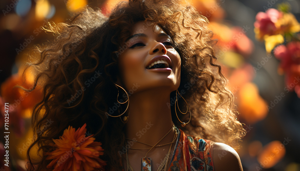 A young woman smiling, enjoying nature beauty in autumn generated by AI A young woman smiling, enjoying nature beauty in autumn generated by AI
