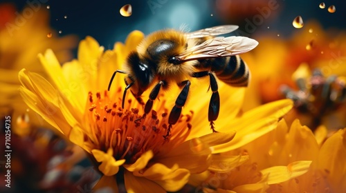 Bee on Yellow Flower With Water Drops © keystoker