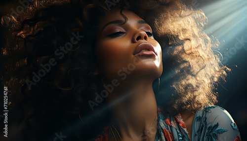 A beautiful young woman with curly brown hair, looking away generated by AI © Jeronimo Ramos