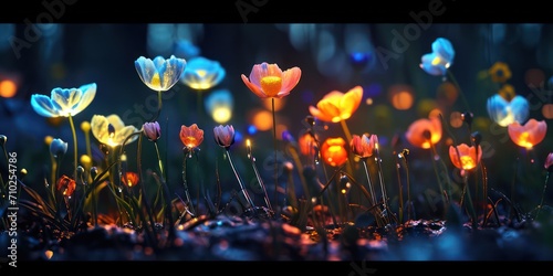 Wildflowers aglow in enchanting illumination, resembling a scene from a fantasy world. 