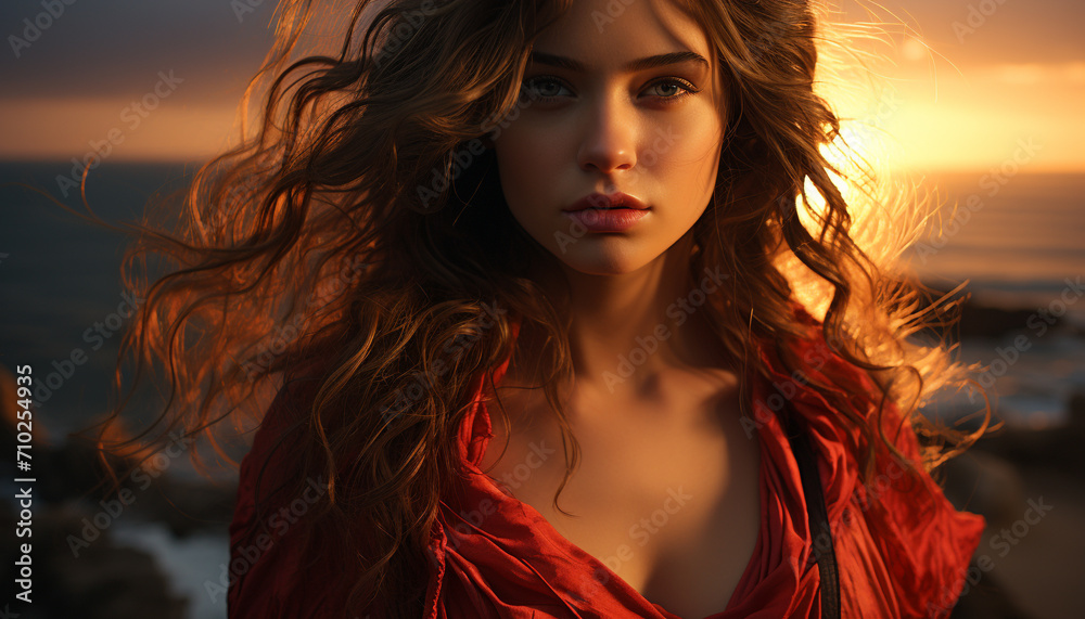 Young woman with long brown hair enjoying the sunset outdoors generated by AI Young woman with long brown hair enjoying the sunset outdoors generated by AI
