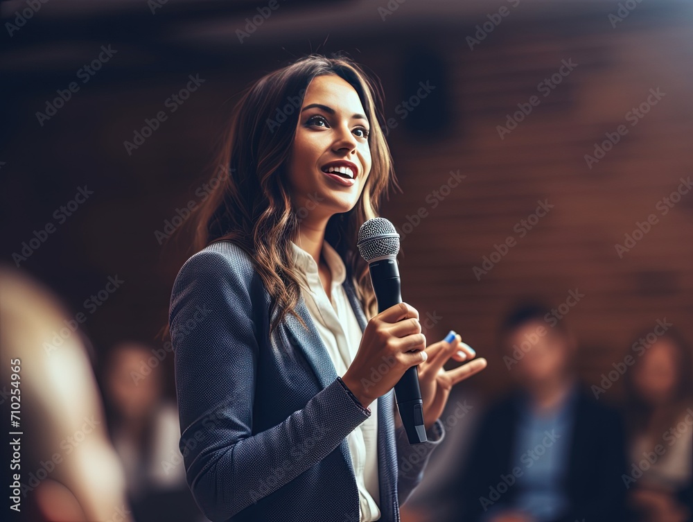 Confident Question: Seminar Attendee with Microphone,Engaged Seminar Participant