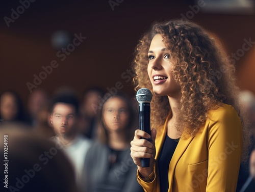 Confident Question: Seminar Attendee with Microphone,Engaged Seminar Participant