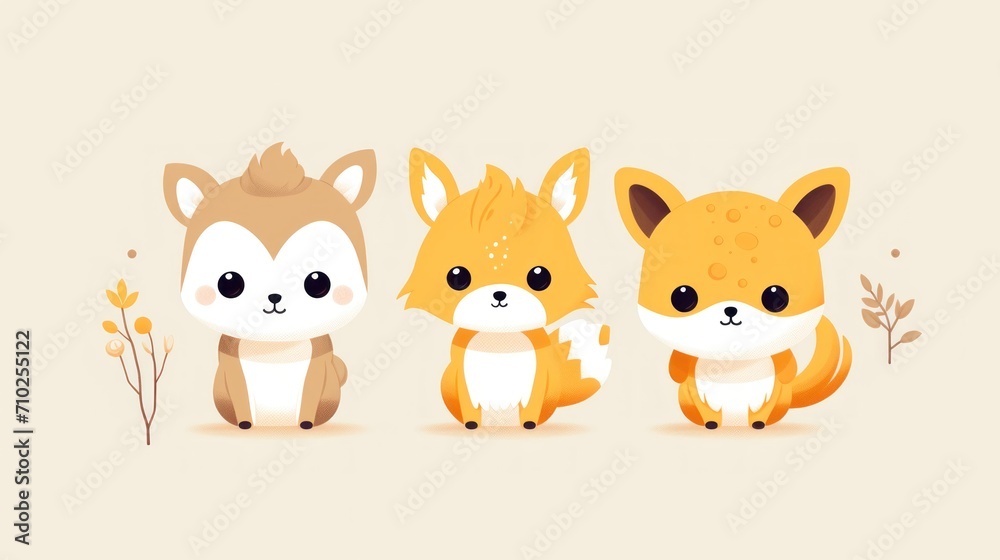Naklejka premium Three Little Foxes Standing Together. Flat style design. Set.