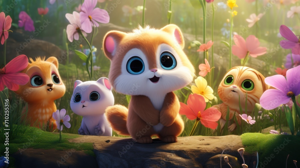 Group of Small Animals Standing in Field of Flowers Group of Small Animals Standing in Field of Flowers